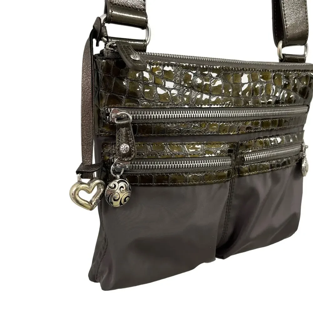 Brighton Green Grey Nylon Leather Croc Embossed Crossbody Handbag